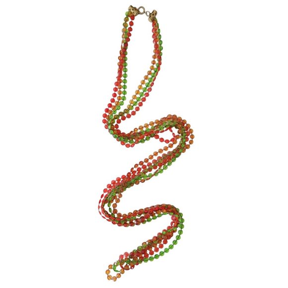 Red Green Orange Plastic Fixed Bead Multi Strand Necklace 50" Long, E219 - Picture 3 of 7